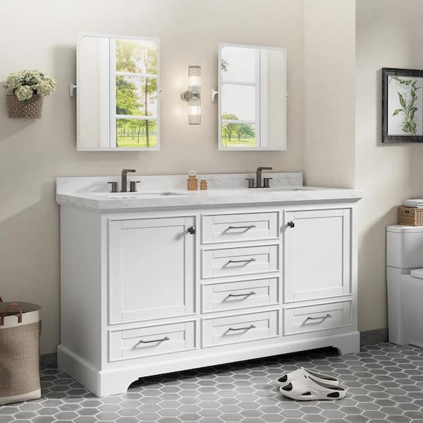 60 in. W x 21.7 in. D x 33.5 in. H Double Sink Freestanding Bath Vanity in White with White Ceramic Top(Assembled)