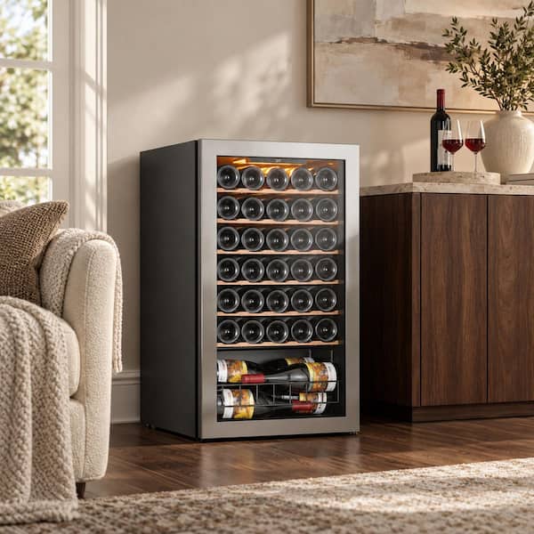 34-Bottle Single Zone Compressor Wine Cooler Refrigerator Mini Fridge Cellar Cooling Unit in Stainless Steel Low Nois