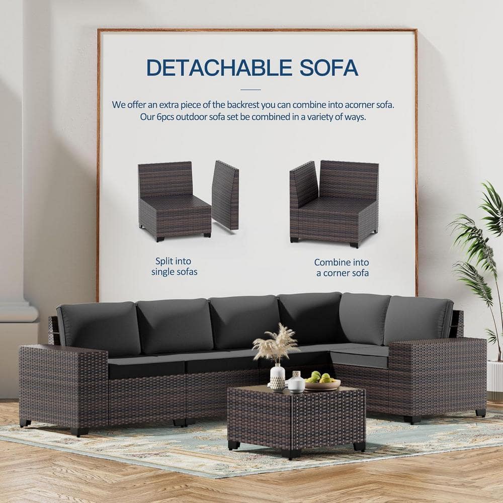 6-Piece Brown Wicker Outdoor Sectional Set with Black Cushions