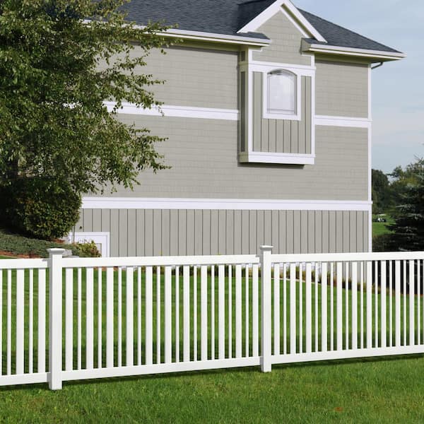 Pro Series 4 in. x 4 in. x 8 ft. White Vinyl Lafayette Spaced Picket Routed End Fence Post Pro Series 4 in. x 4 in. x 8 ft. White Vinyl Lafayette Spaced Picket Routed End Fence Post