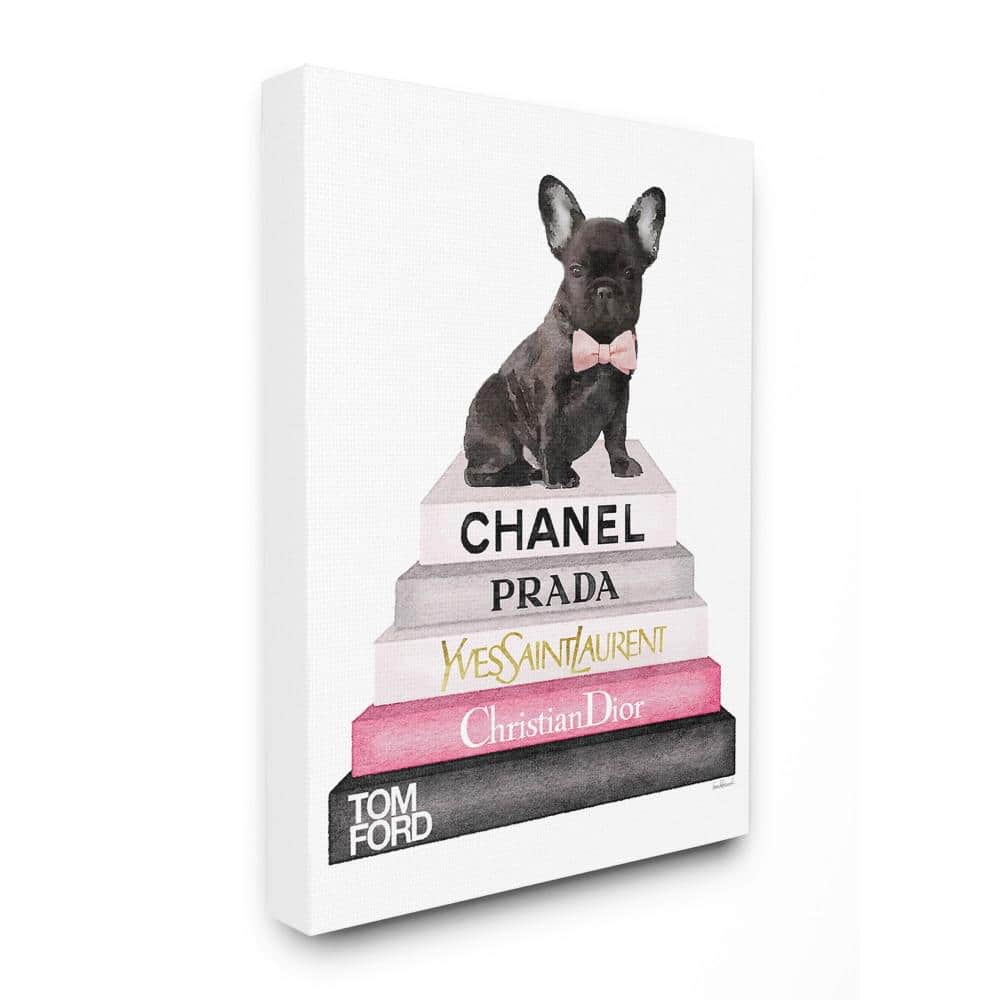 Stupell Industries Dashing French Bulldog and Iconic Fashion Bookstack Wall Art, 11 x 14, White