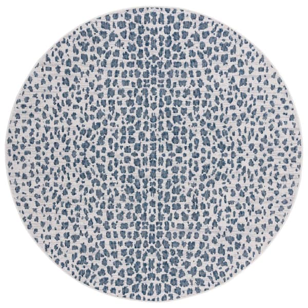 Courtyard Ivory/Navy 5 ft. x 5 ft. Round Cheetah Geometric Indoor/Outdoor Area Rug