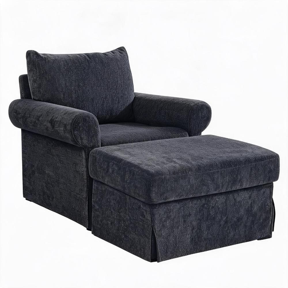 37.5 in Curved Arm Chenille Accent Chair with Ottoman Single Sofa in Grey durable construction