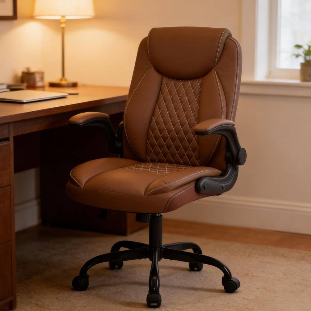 Faux Leather High Back Office Chair Ergonomic Swivel Desk Chair in Brown with Flip-Up Armrests and Adjustable Rocking