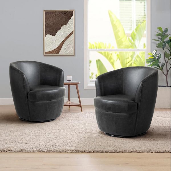 Minimalistic Black PU Leather Swivel Barrel Arm Chair with Metal Base (Set of 2)