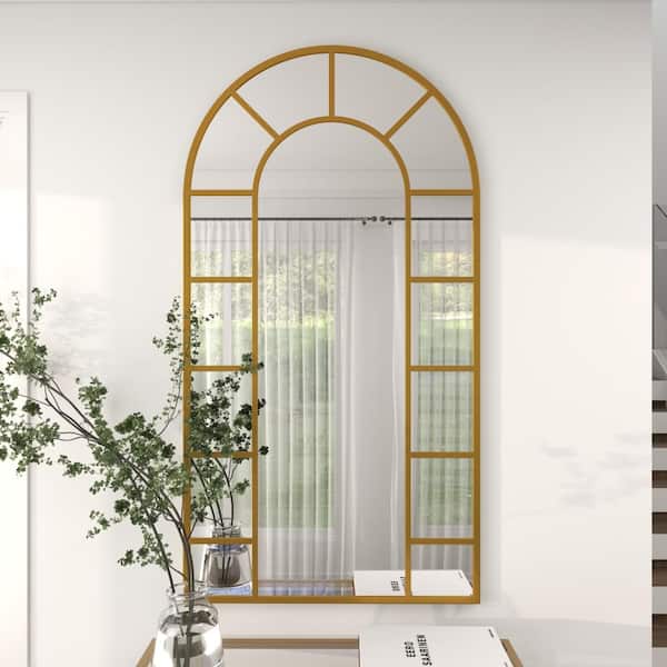 60 in. x 32 in. Window Pane Inspired Arched Framed Gold Wall Mirror with Arched Top