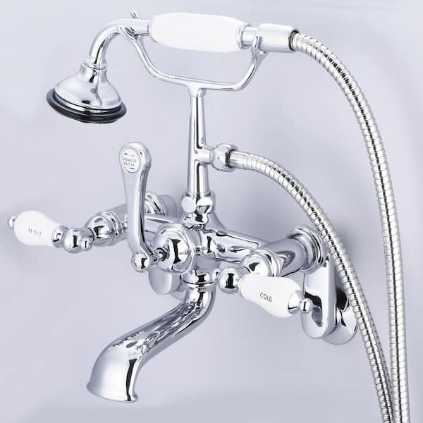 Water Creation 3-Handle Claw Foot Tub Faucet with Labeled Porcelain Lever Handles and Handshower in Triple Plated Chrome