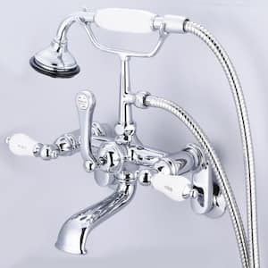 3-Handle Claw Foot Tub Faucet with Labeled Porcelain Lever Handles and Handshower in Triple Plated Chrome