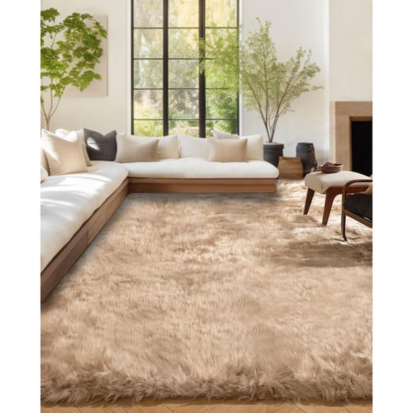 Large Area Rug Light Brown 8 ft. x 10 ft. Faux Sheepskin Fur Rug Fluffy Fuzzy Fuzrry Area Rug
