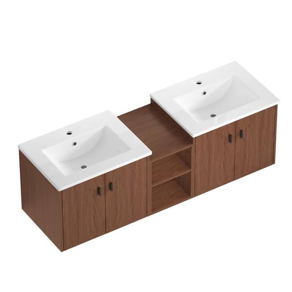 60in reddish brown Soft Close Doors Bathroom Vanity , A Small Storage Shelves, 24" and 12" Combination Cabinet