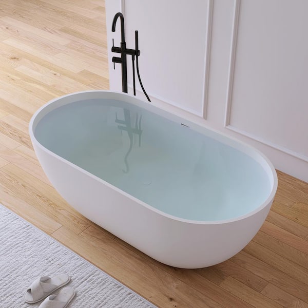 Ariana 59 in. x 29.5 in. Stone Resin Solid Surface Flatbottom Freestanding Soaking Bathtub in White