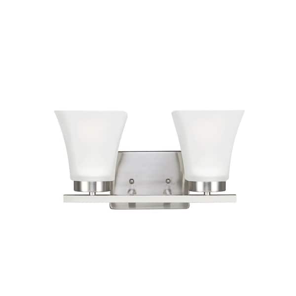 Generation Lighting Bayfield 13.25 in. 2-Light Brushed Nickel Contemporary Wall Bathroom Vanity Light with Satin Etched Glass Shades