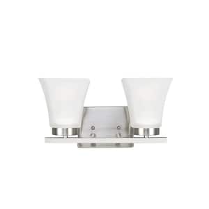 Bayfield 13.25 in. 2-Light Brushed Nickel Contemporary Wall Bathroom Vanity Light with Satin Glass Shades and LED Bulbs