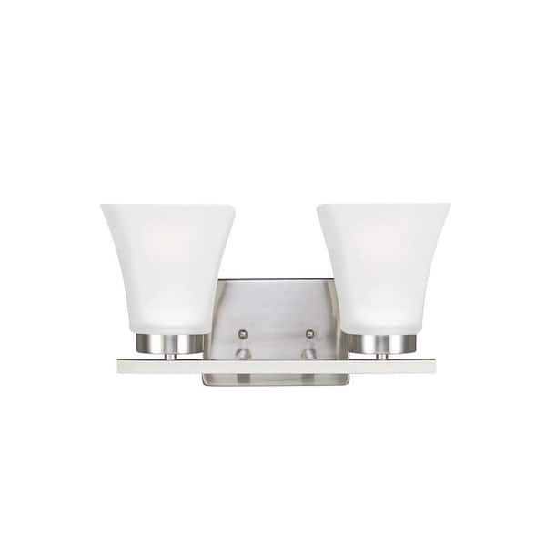 Generation Lighting Bayfield 13.25 in. 2-Light Brushed Nickel Contemporary Wall Bathroom Vanity Light with Satin Glass Shades and LED Bulbs