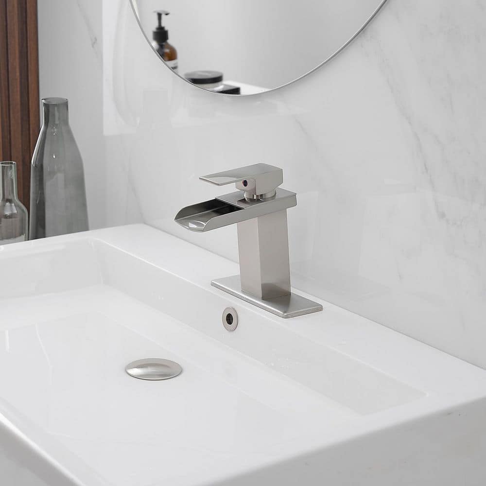 Brushed Nickel Single-Handle Waterfall Bathroom Faucet with Pop-Up Drain