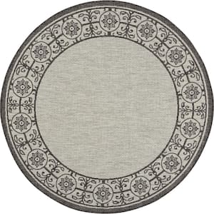 Garden Party Ivory/Charcoal 5 ft. x 5 ft. Round Bordered Transitional Indoor/Outdoor Patio Area Rug
