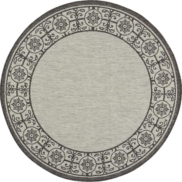 Nourison Garden Party Ivory/Charcoal 5 ft. x 5 ft. Round Bordered Transitional Indoor/Outdoor Patio Area Rug
