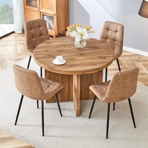 5 Piece Round Brown Wood Top Table Dining Set with 4 PU Upholstered Chairs, Easy Assembly