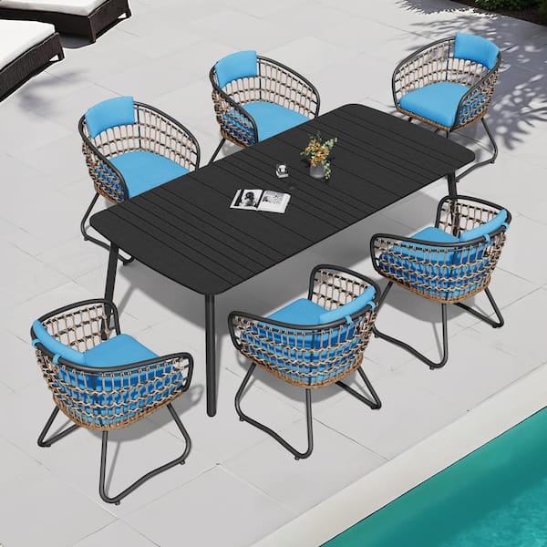 7-Piece Metal Wicker Aluminum Outdoor Dining Set with Blue Cushion and Umbrella Hole