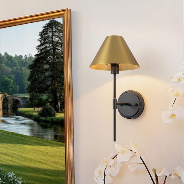 16.14 in. 1-Light Black and Brushed Gold Wall Sconce with Tapered Metal Shade