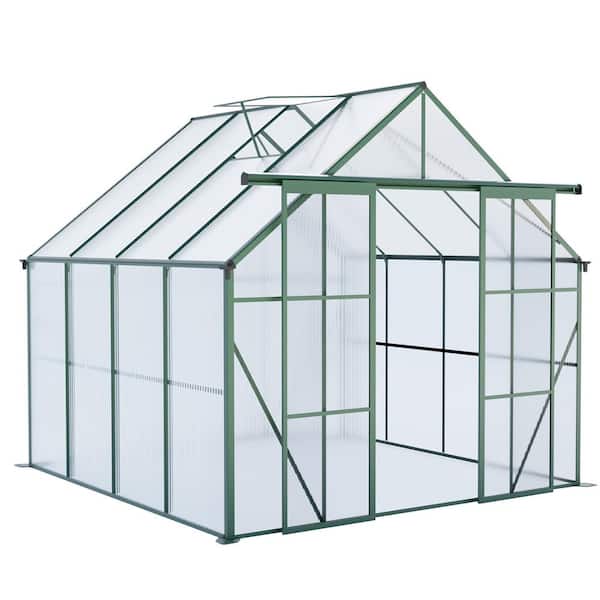 8 ft. x 8 ft. Green Double Door Polycarbonate Greenhouse Raised Base and Anchor Aluminum Heavy Duty Walk-in Greenhouses