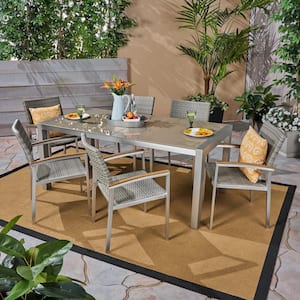 Luton 7-Piece Silver Aluminum and Grey Faux Rattan Outdoor Dining Set with Glass Table Top