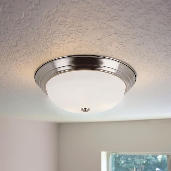 Bowers 13 in. 2-Light Brushed Nickel Flush Mount Ceiling Light Fixture with Frosted Glass Shade