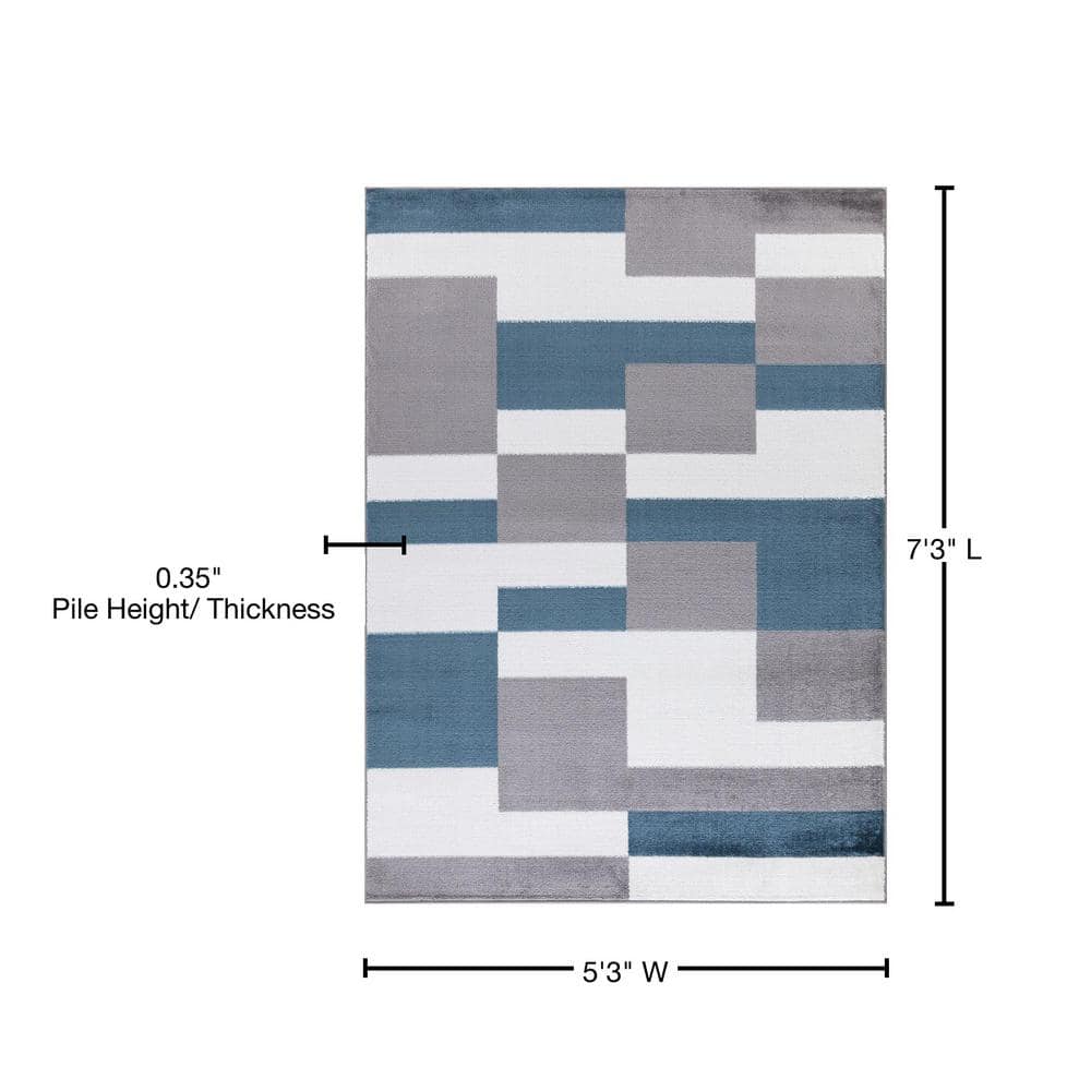 Gray and Blue Geometric Polypropylene Area Rug 5'3" x 7'3"