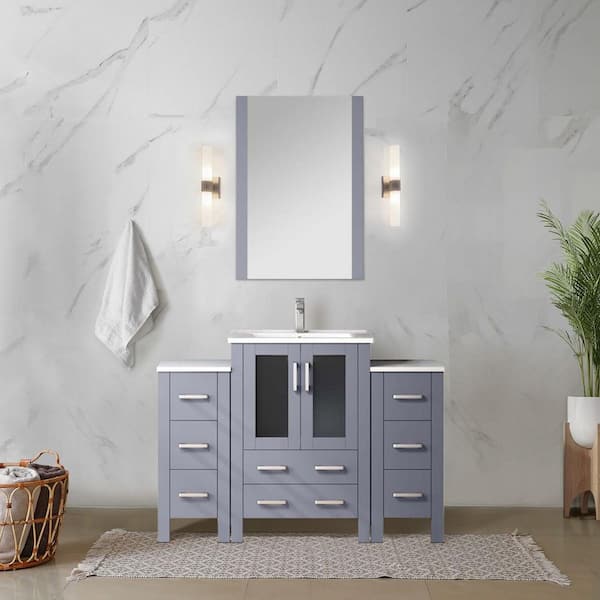Volez 48 in. W x 18.25 in. D Dark Grey Bath Vanity with Side Cabinets, Faucet Set, White Ceramic Top, and 22 in. Mirror
