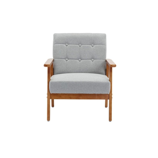 Mid-Century Upholstered Light Gray Linen Fabric Accent Arm Chair with Solid Wood Frame