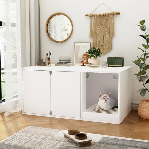 White Wood Cat Litter Box Enclosure Furniture, Modern Large
