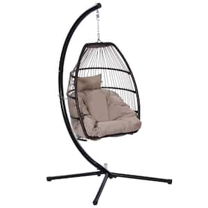 3.75 ft. Black Wicker Outdoor Patio Folding Hanging Chair Hammock Egg Chair with Brown Cushion