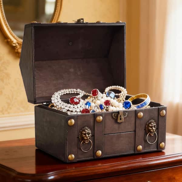Vintage Grey Wooden Jewelry Chest with Lock-Handmade Antique