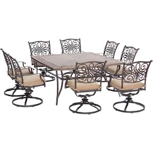 Traditions 9-Piece Aluminium Square Patio Dining Set with Eight Swivel Dining Chairs and Natural Oat Cushions, Rust Free
