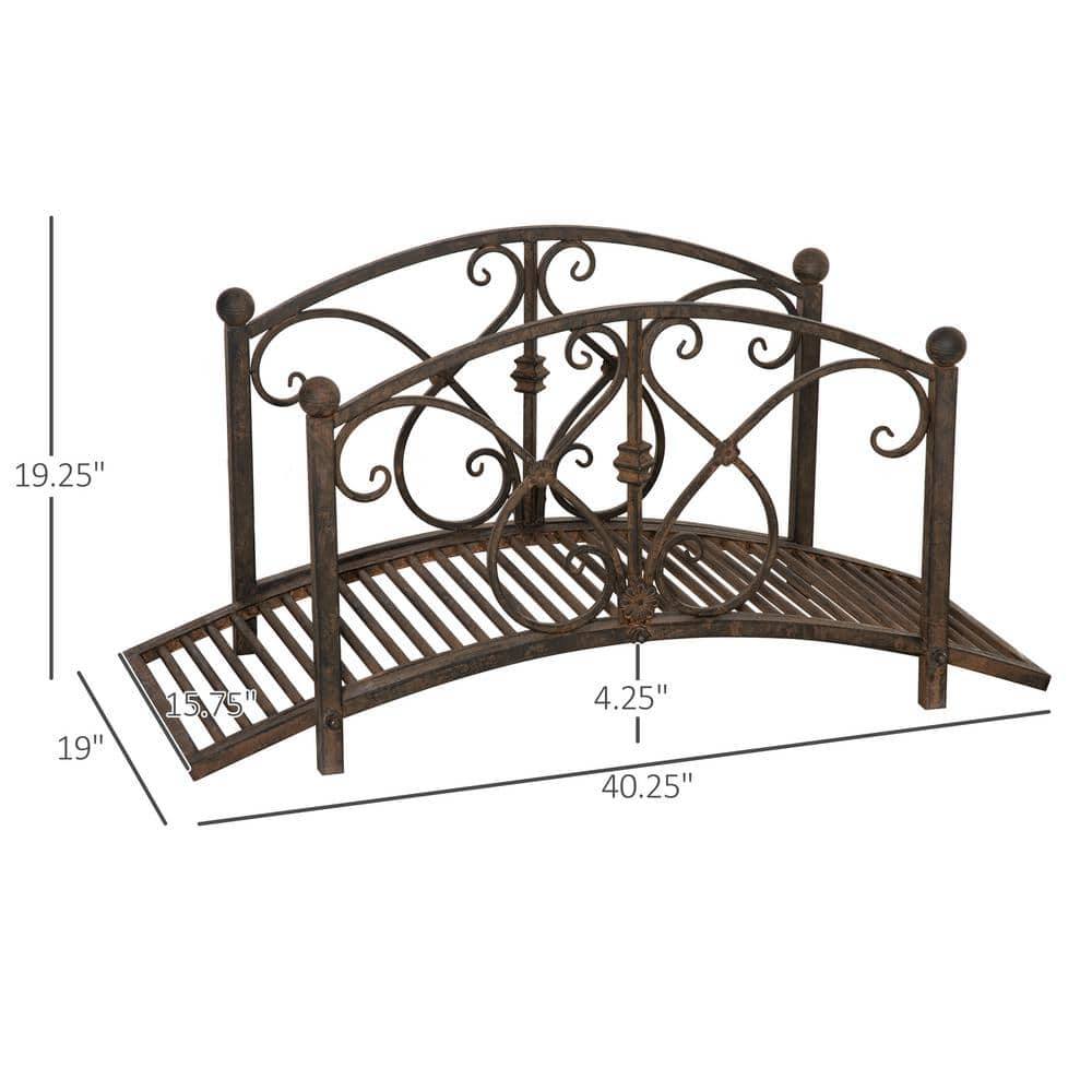Brown Metal 3.3FT Garden Bridge with Floral Scrollwork