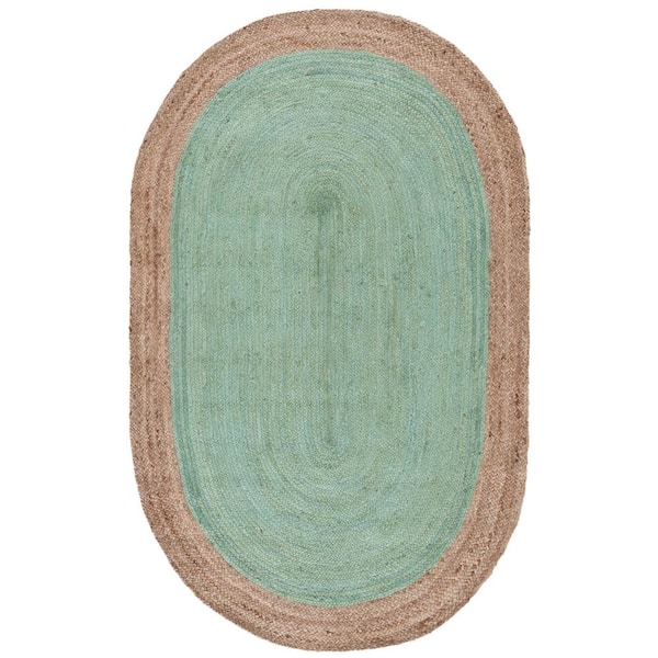 SAFAVIEH Natural Fiber Teal/Beige Doormat 3 ft. x 4 ft. Woven Ascending Oval Area Rug
