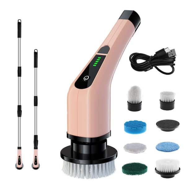 Cordless Portable Carpet Cleaners, Power Scrubber, 2-Speeds, 7-Brush Heads, Long Handle for Bathroom, Tub, Pink