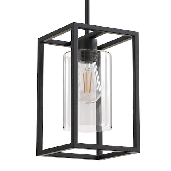 7 in. 1-Light Rectangle Black Pendant Light with Clear Glass Shade for Kitchen Island, E26 Bulbs Included (3-pack)