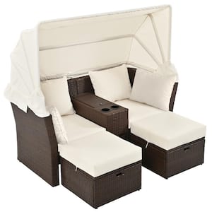 Brown Rattan Metal Patio Outdoor Day Bed, 2-Seater Sofawith Foldable Awning and Beige Cushions