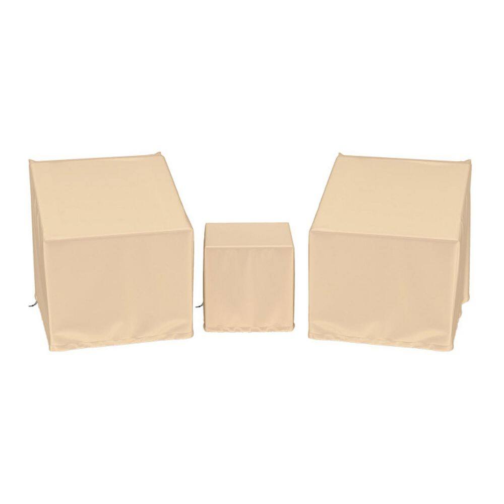 Three beige furniture covers laid out side by side.
