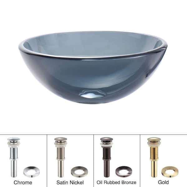 KRAUS 14 in. Glass Vessel Sink in Clear Black with Pop-Up Drain and Mounting Ring in Gold