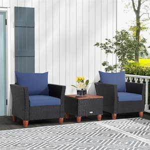 3PCS Wicker Patio Conversation Set Cushioned Sofa Storage Table Wood Top with Navy Cushions