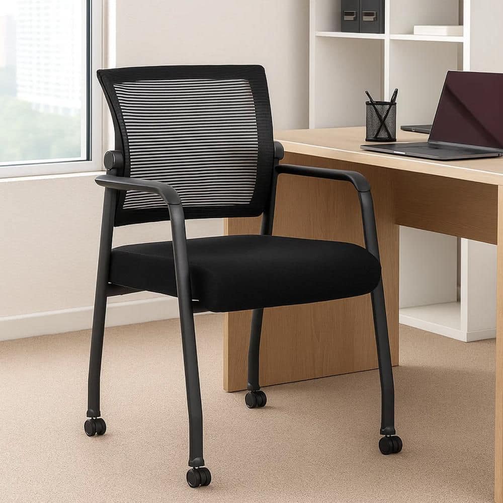 Benjara Akon Mesh Upholstered Ergonomic Office Guest Chair in Black ...