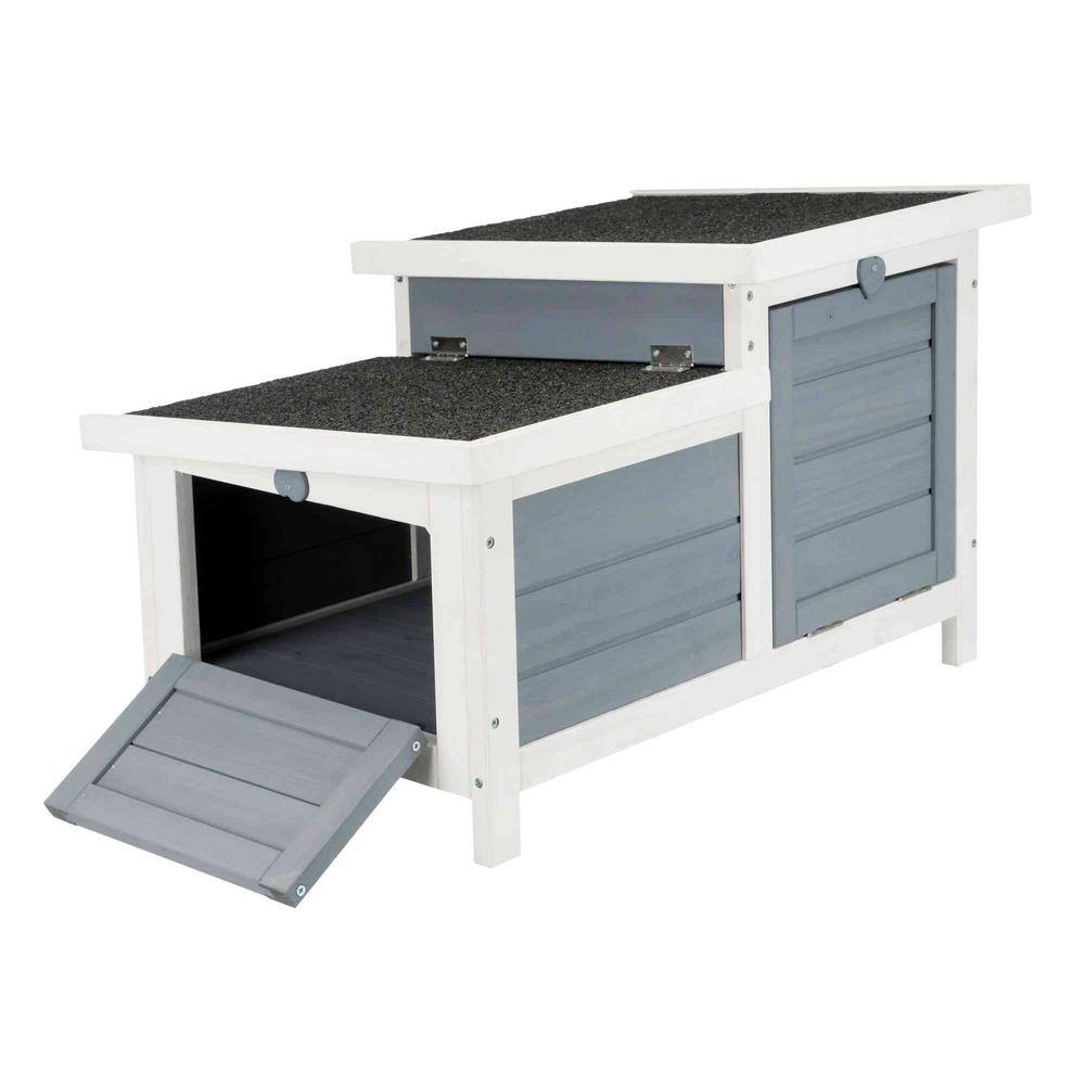 Gray and White Wooden Small Animal Hutch with Hinged Roof