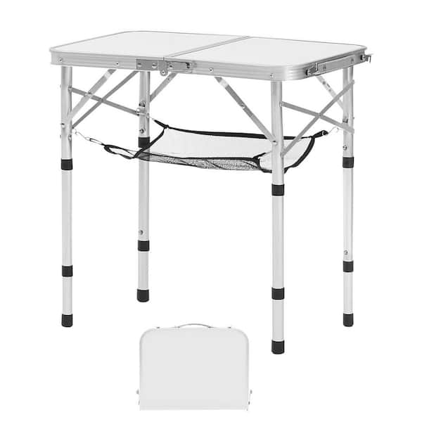 Folding Camping Table, Silver Adjustable Height Portable Side Tables, Aluminum MDF Beach Table for Outdoor Picnic