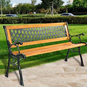 Garden 2-Person Black Frame Metal Outdoor Bench Porch Path Hardwood Chair for Patio Park