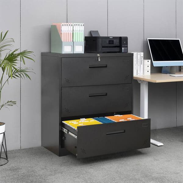 URTR Black Folding File Cabinet with 2 Adjustable Shelves, Metal