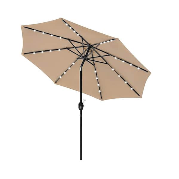 Unbranded 9 ft. Outdoor Market Patio Umbrella in Beige with Push Button Tilt/Crank, 32 LED for Yard, Poolside, Deck, Garden