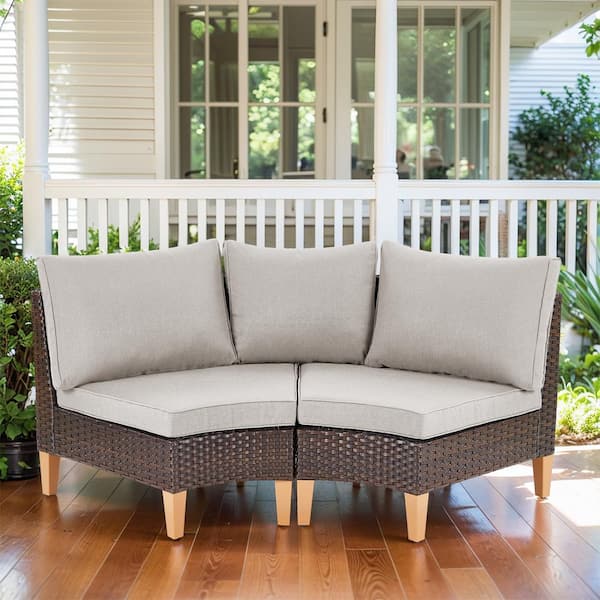 Gymojoy Chic Relax Brown 2-Piece Wicker Patio Corner Couch Outdoor Sectional Sofa with Beige Cushions