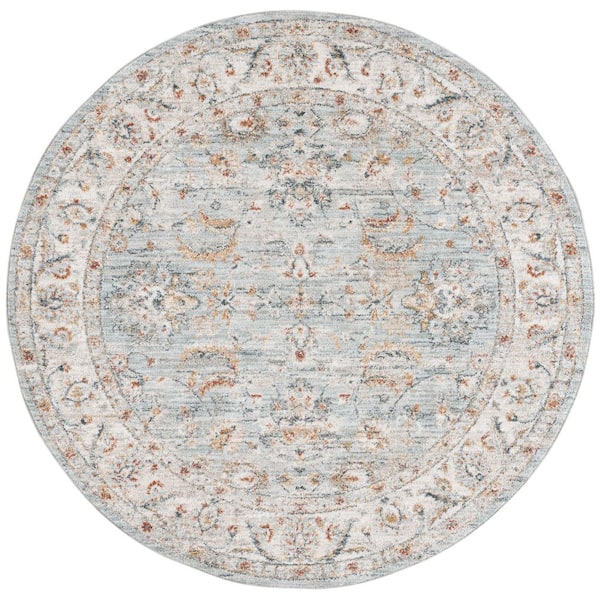 SAFAVIEH Avalon 7 ft. x 7 ft. Light Blue/Ivory Ornate Distressed Border Round Area Rug